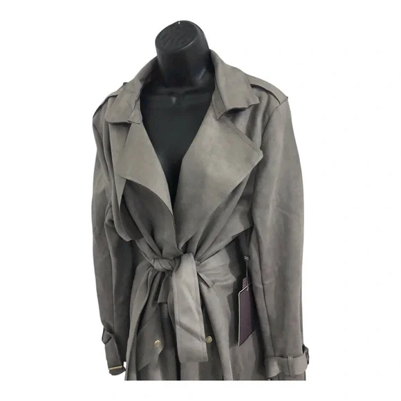 Stunning‎ gray faux suede belted trench coat size XL new